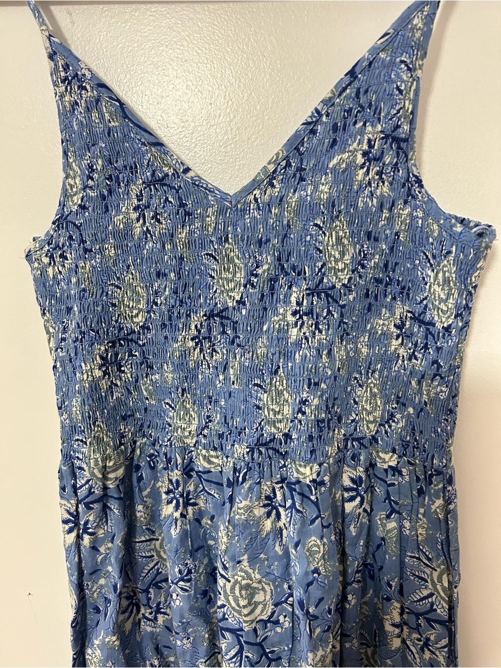 Blue Floral Smocked Midi Dress with Adjustable Spaghetti Straps - Picture 2 of 4